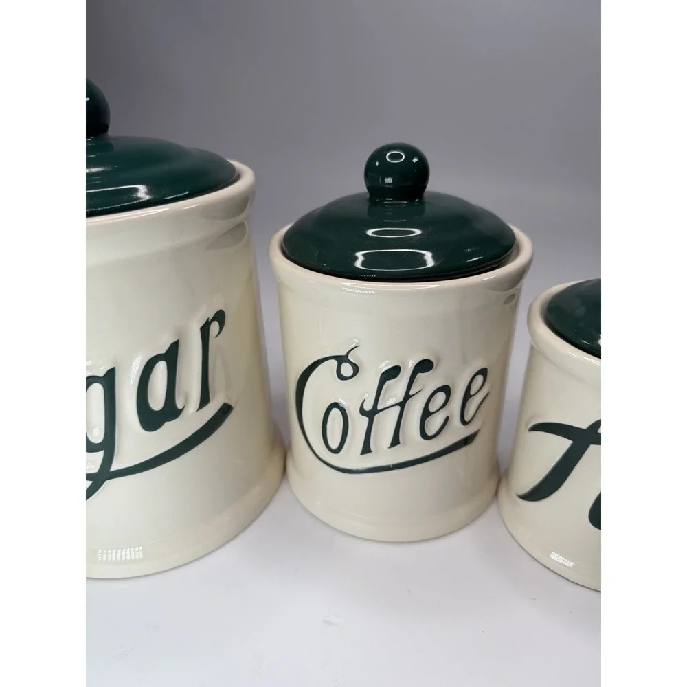 Vintage Himark Coffee Sugar & Tea Canister Set 3 Hunter Green Cream Taiwan